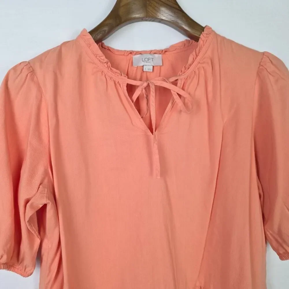 LOFT Outlet Peach Peplum Blouse Tie Neck Puff Sleeve S